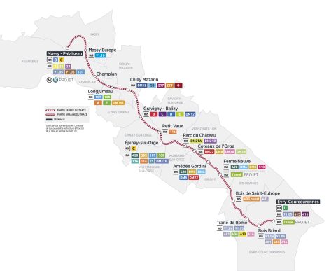 Plan de la nouvelle ligne du Tram T12 de Massy à Evry-Courcouronnes (Source: IDF Mobilités)