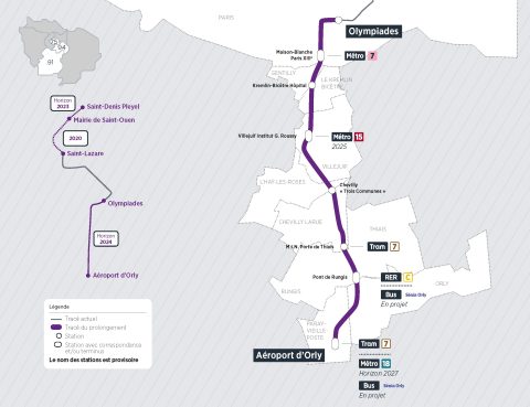 Plan du prolongement du Métro 14 de Olympiades à l'aéroport d'Orly (IDFM)