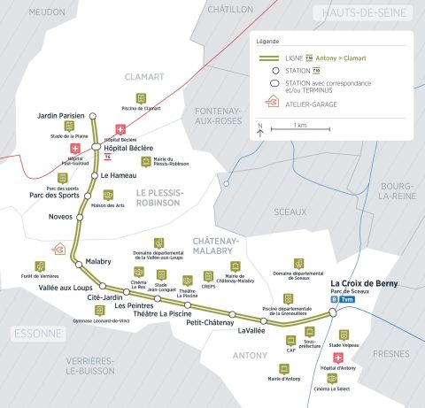 Carte du tracé de la ligne de tramway T10 (Source: Île-de-France Mobilités)