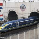 Eurostar train emerging from the English mouth of the Channel Tunnel