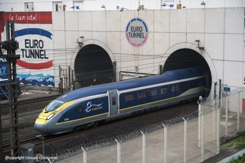 Eurostar train emerging from the English mouth of the Channel Tunnel