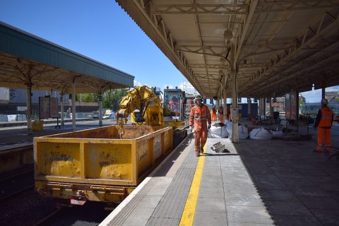 Engineering train at a station in Wales