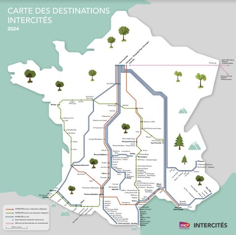 Map of SNCF Intercité connections, night-trains in blue (Source: SNCF press release)