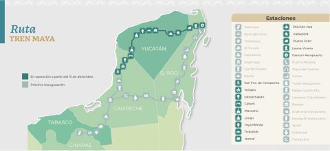 The route of the Maya Train, with dark green currently in operation since 16 December 2023 