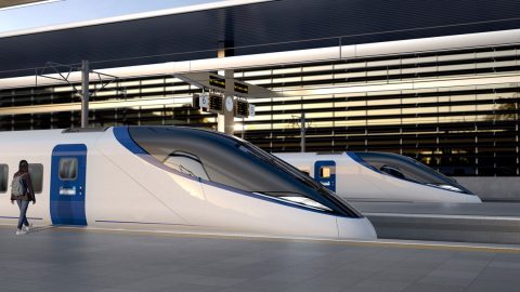 Artists impression of an HS2 train at a platform v1