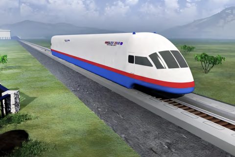 Impression of Maglev 2000 vehicle on ‘planar guideway mode’ on adapted existing rail tracks 