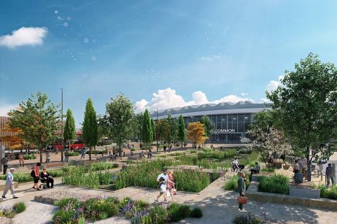 A visualisation over the sculpted wetlands outside the HS2 Old Oak Common station in West London