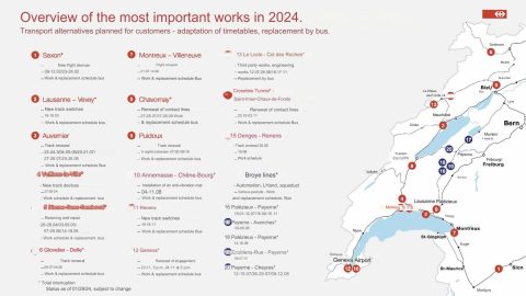 Map of 2024 rail works that will disrupt passenger traffic in French-speaking Switzerland (SBB)