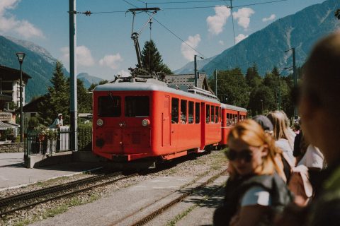 Train on the Chamonix - Montenvers Line at the station in Chamonix, France.