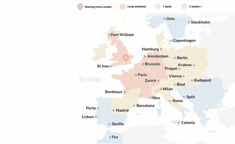 Byway map illustrating possible destinations from London based on vacation duration (Source: Byway)