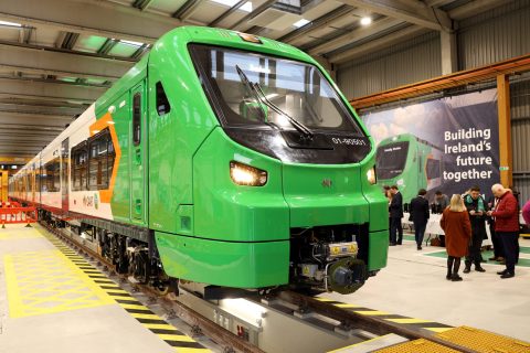 Repro Free: 13th November 2024: Iarnród Éireann has unveiled the first five-carriage train of the new DART+ Fleet, at Inchicore Works in Dublin. The new DART fleet which will enable Iarnród Éireann to improve the customer experience across the Greater Dublin Area, including capacity, accessibility and customer information. The five-carriage train is the first of 185 carriages already on order from rail manufacturer Alstom, and entering service from early 2026 onwards. Picture Jason Clarke