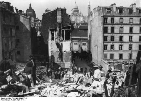 Paris after an Anglo-American bombing raid on April 21, 1944, with the view from the top of Montmartre Sacré Coeur church.