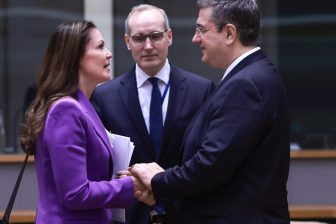 Finland Minister of Transport Lulu Ranne greets European Commissioner for Sustainable Transport and Tourism Apostolos Tzitzikostas.