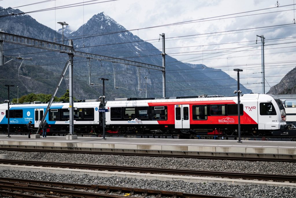 The first new Stadler train arriving at the Mont Blanc express route.
