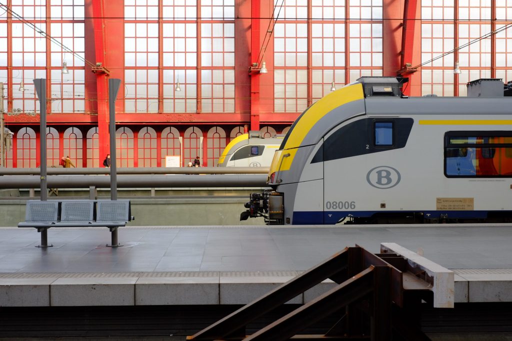 the inside of the Antwerp Central railway station with NMBS / SNCB trains