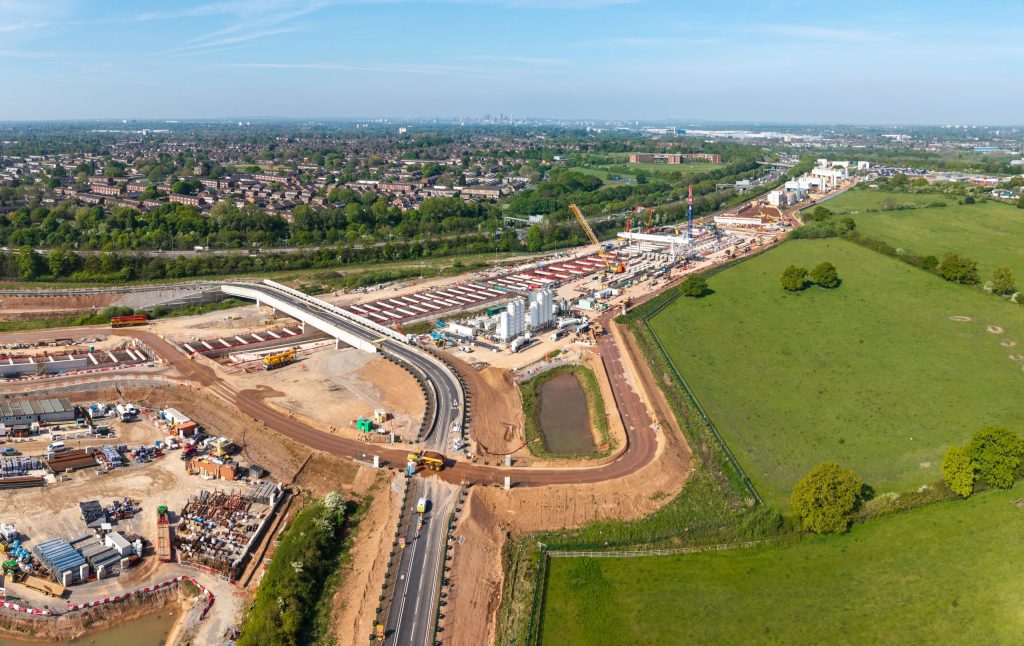 An aerial panoramic view of the HS2 high speed rail project construction site near Water Orton and Coleshill Parkway to the South of Birmingham