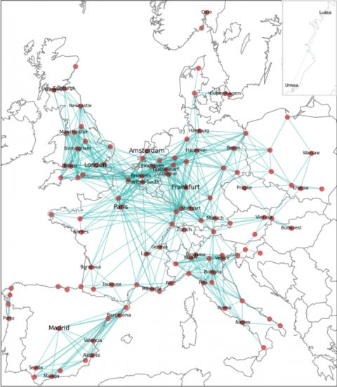 Kaart met verbindingen tussen steden waarbij de trein sneller is dan het vliegtuig, auteur: Damien Lepage
