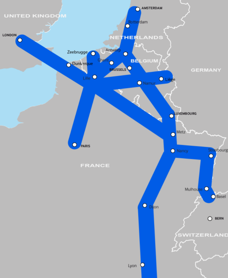 Noordzee-Middellandse Zeecorridor verbindt de havens van Antwerpen, Zeebrugge en Gent met het zuiden van Europa.