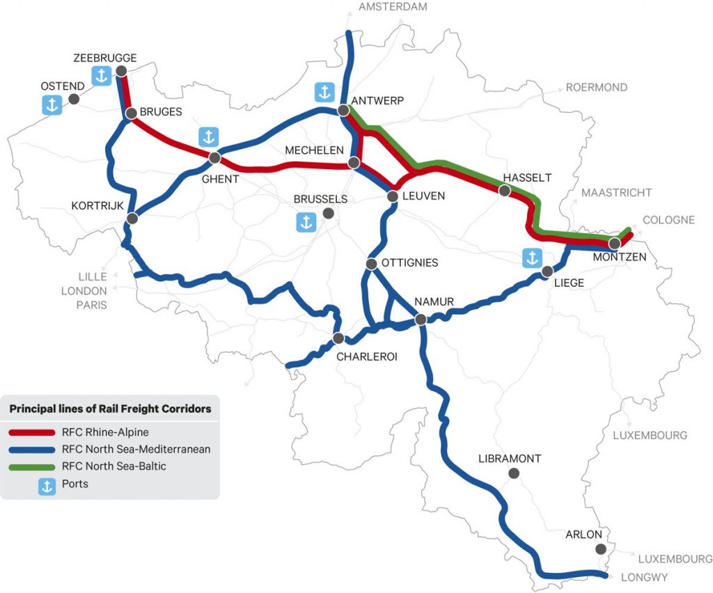 Kaart met goederencorridors op het Belgische spoornet