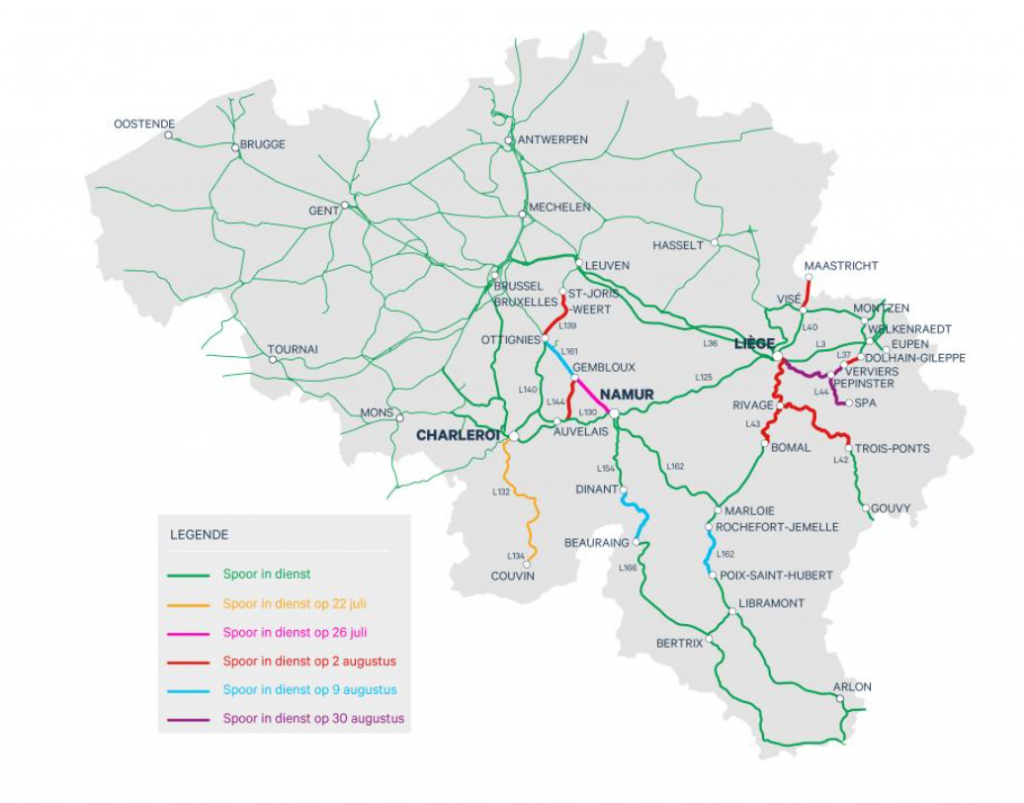 Schematisch overzicht van geplande heropening spoorlijnen in Wallonië 