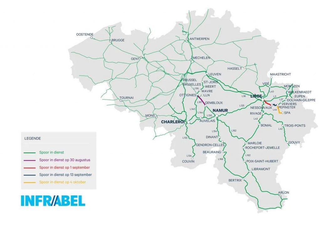 Spoorlijnen die na watersnood gesloten zijn voor treinverkeer op 23 augustus