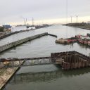 Werken aan spoorbrug in Genk over Albertkanaal