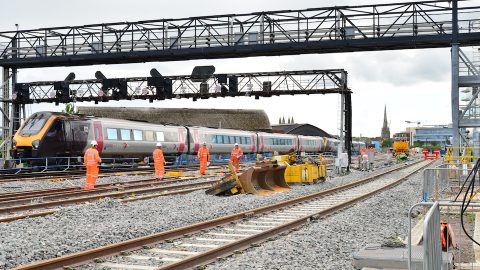 Bristol East Junction with CrossCountry train and engineers on the tracks