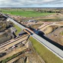 Aerial view of the civil engineering works for the crossing of East West Rail over the HS2 line