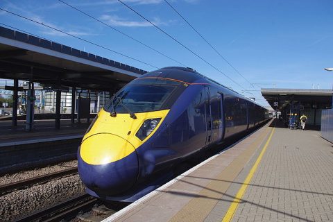 Three quarter view of Javelin train at Ashford International station