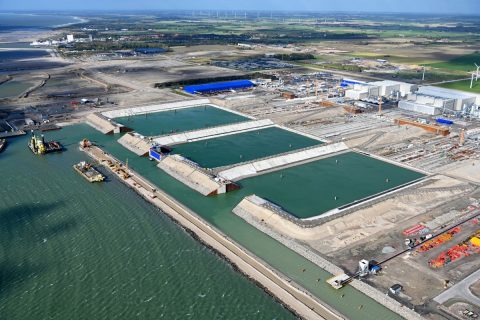 The basins in Rødbyhavn, Denmark, in October 2023. Each basin has a depth of almost 11 metres and together they hold around 1.6 million cubic metres of water, equivalent to 640 Olympic swimming pools 