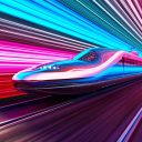 High-speed train speeds through a pink and blue neon-lit futuristic tunnel.